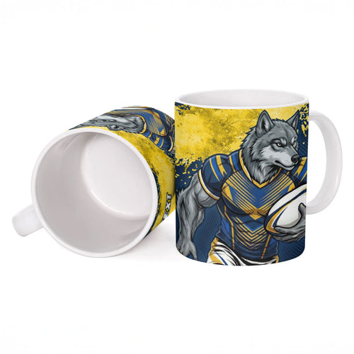 Personalised North Queensland Cowboys Rugby Ceramic Mug Wolf Mascot - Sporty Splash Art Style