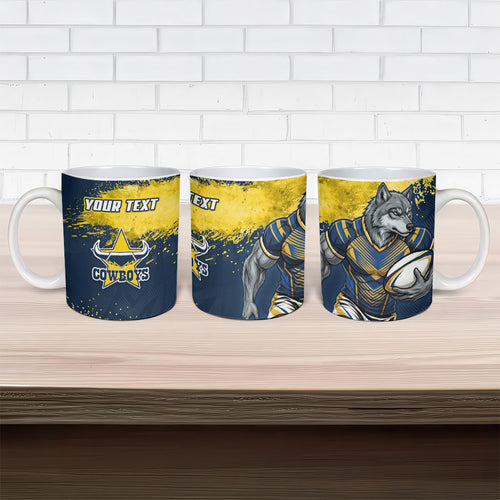 Personalised North Queensland Cowboys Rugby Ceramic Mug Wolf Mascot - Sporty Splash Art Style