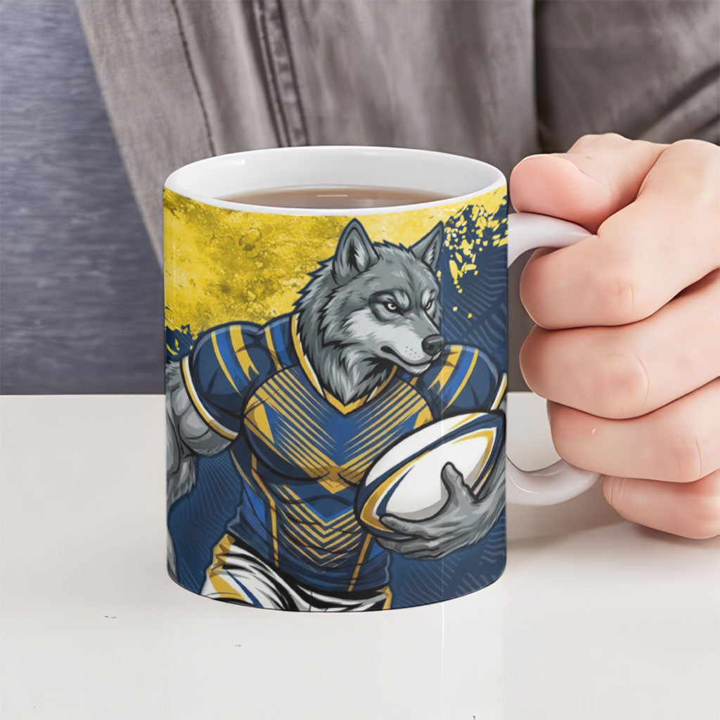 Personalised North Queensland Cowboys Rugby Ceramic Mug Wolf Mascot - Sporty Splash Art Style