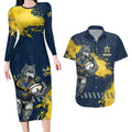 Personalised North Queensland Cowboys Rugby Couples Matching Long Sleeve Bodycon Dress and Hawaiian Shirt Wolf Mascot - Sporty Splash Art Style