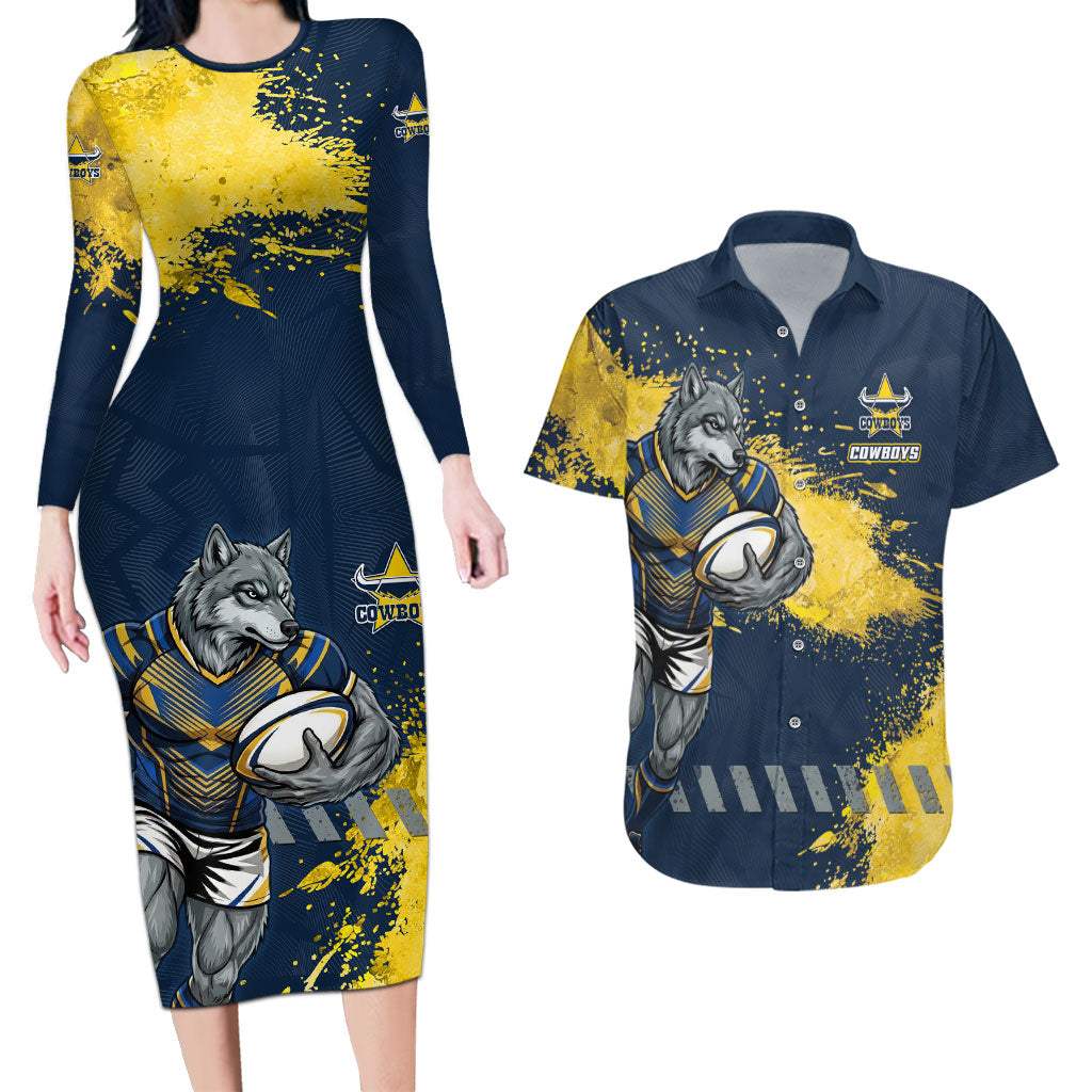 Personalised North Queensland Cowboys Rugby Couples Matching Long Sleeve Bodycon Dress and Hawaiian Shirt Wolf Mascot - Sporty Splash Art Style
