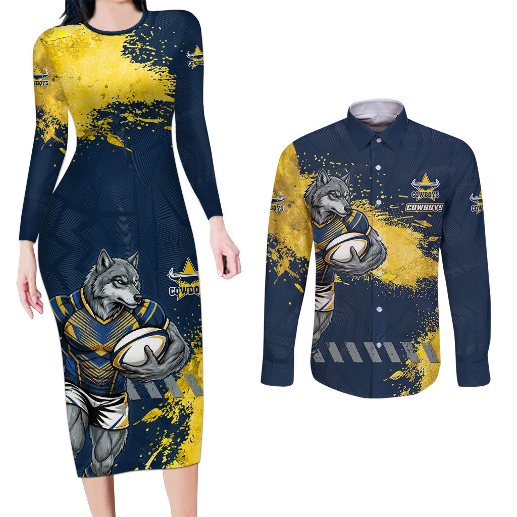 Personalised North Queensland Cowboys Rugby Couples Matching Long Sleeve Bodycon Dress and Long Sleeve Button Shirt Wolf Mascot - Sporty Splash Art Style