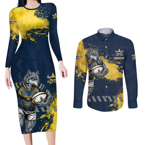 Personalised North Queensland Cowboys Rugby Couples Matching Long Sleeve Bodycon Dress and Long Sleeve Button Shirt Wolf Mascot - Sporty Splash Art Style
