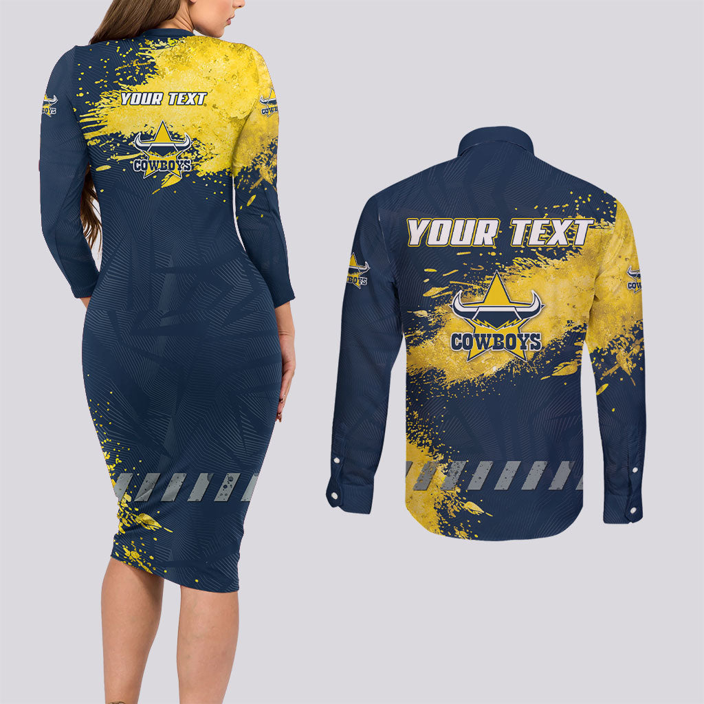 Personalised North Queensland Cowboys Rugby Couples Matching Long Sleeve Bodycon Dress and Long Sleeve Button Shirt Wolf Mascot - Sporty Splash Art Style