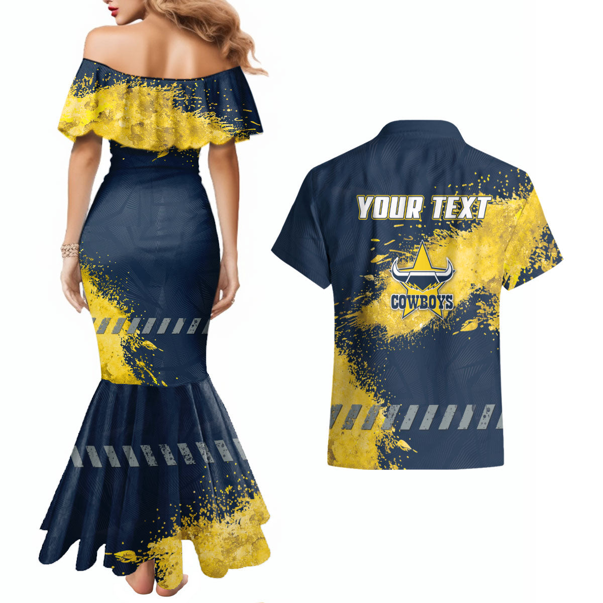 Personalised North Queensland Cowboys Rugby Couples Matching Mermaid Dress and Hawaiian Shirt Wolf Mascot - Sporty Splash Art Style
