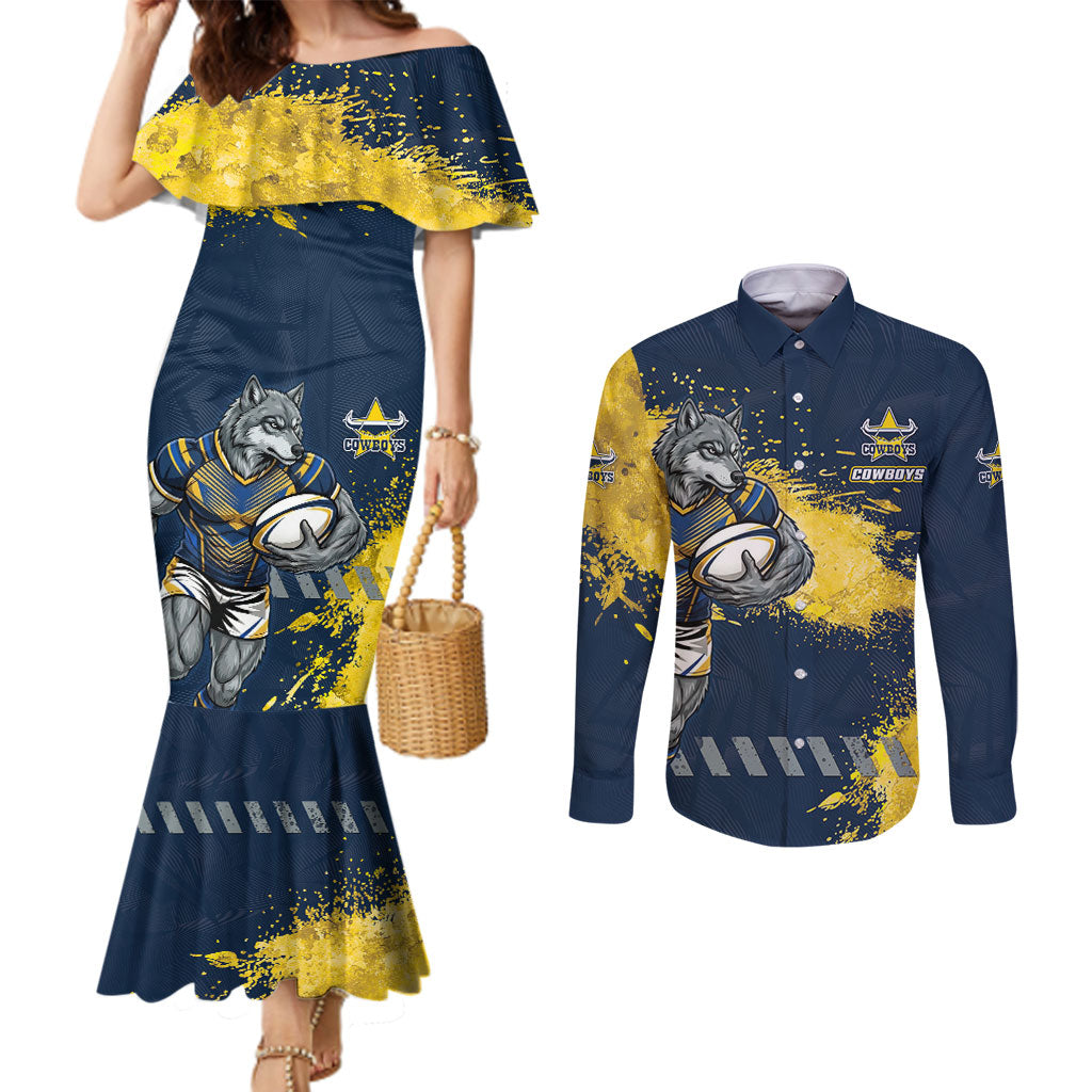 Personalised North Queensland Cowboys Rugby Couples Matching Mermaid Dress and Long Sleeve Button Shirt Wolf Mascot - Sporty Splash Art Style