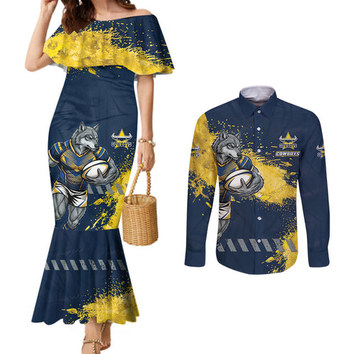 Personalised North Queensland Cowboys Rugby Couples Matching Mermaid Dress and Long Sleeve Button Shirt Wolf Mascot - Sporty Splash Art Style
