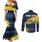 Personalised North Queensland Cowboys Rugby Couples Matching Mermaid Dress and Long Sleeve Button Shirt Wolf Mascot - Sporty Splash Art Style