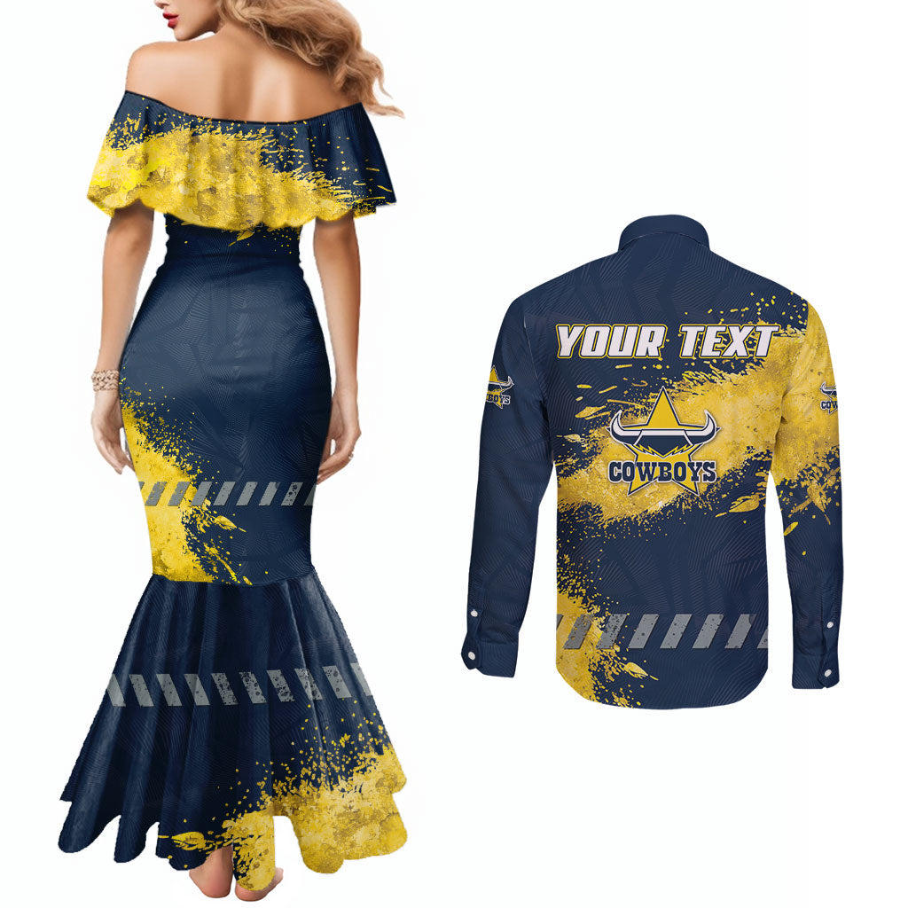 Personalised North Queensland Cowboys Rugby Couples Matching Mermaid Dress and Long Sleeve Button Shirt Wolf Mascot - Sporty Splash Art Style