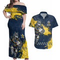 Personalised North Queensland Cowboys Rugby Couples Matching Off Shoulder Maxi Dress and Hawaiian Shirt Wolf Mascot - Sporty Splash Art Style