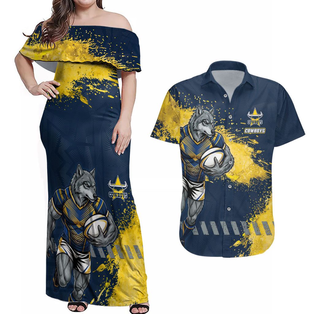 Personalised North Queensland Cowboys Rugby Couples Matching Off Shoulder Maxi Dress and Hawaiian Shirt Wolf Mascot - Sporty Splash Art Style
