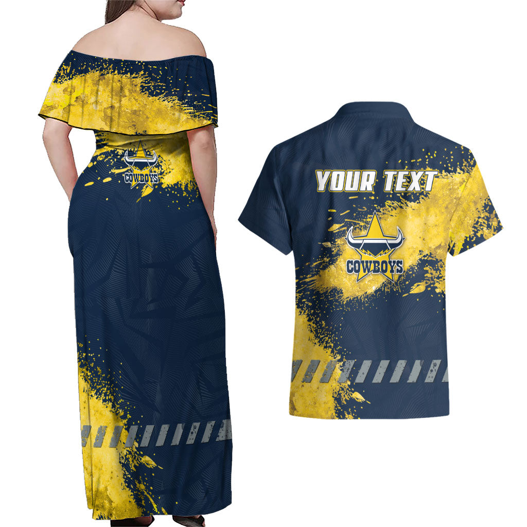 Personalised North Queensland Cowboys Rugby Couples Matching Off Shoulder Maxi Dress and Hawaiian Shirt Wolf Mascot - Sporty Splash Art Style