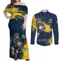 Personalised North Queensland Cowboys Rugby Couples Matching Off Shoulder Maxi Dress and Long Sleeve Button Shirt Wolf Mascot - Sporty Splash Art Style
