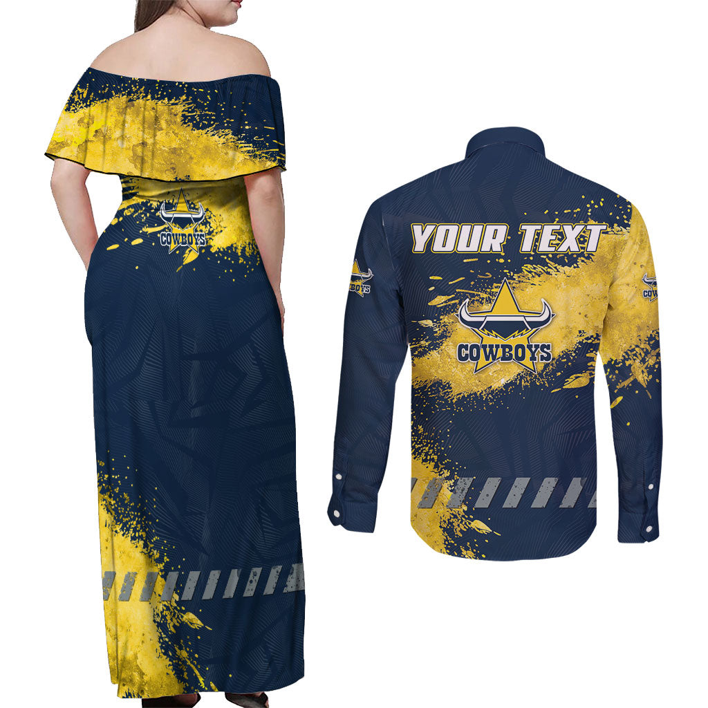 Personalised North Queensland Cowboys Rugby Couples Matching Off Shoulder Maxi Dress and Long Sleeve Button Shirt Wolf Mascot - Sporty Splash Art Style