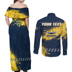 Personalised North Queensland Cowboys Rugby Couples Matching Off Shoulder Maxi Dress and Long Sleeve Button Shirt Wolf Mascot - Sporty Splash Art Style