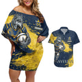 Personalised North Queensland Cowboys Rugby Couples Matching Off Shoulder Short Dress and Hawaiian Shirt Wolf Mascot - Sporty Splash Art Style