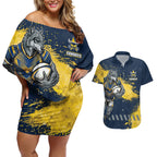 Personalised North Queensland Cowboys Rugby Couples Matching Off Shoulder Short Dress and Hawaiian Shirt Wolf Mascot - Sporty Splash Art Style