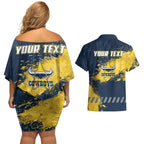 Personalised North Queensland Cowboys Rugby Couples Matching Off Shoulder Short Dress and Hawaiian Shirt Wolf Mascot - Sporty Splash Art Style