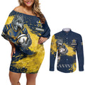 Personalised North Queensland Cowboys Rugby Couples Matching Off Shoulder Short Dress and Long Sleeve Button Shirt Wolf Mascot - Sporty Splash Art Style