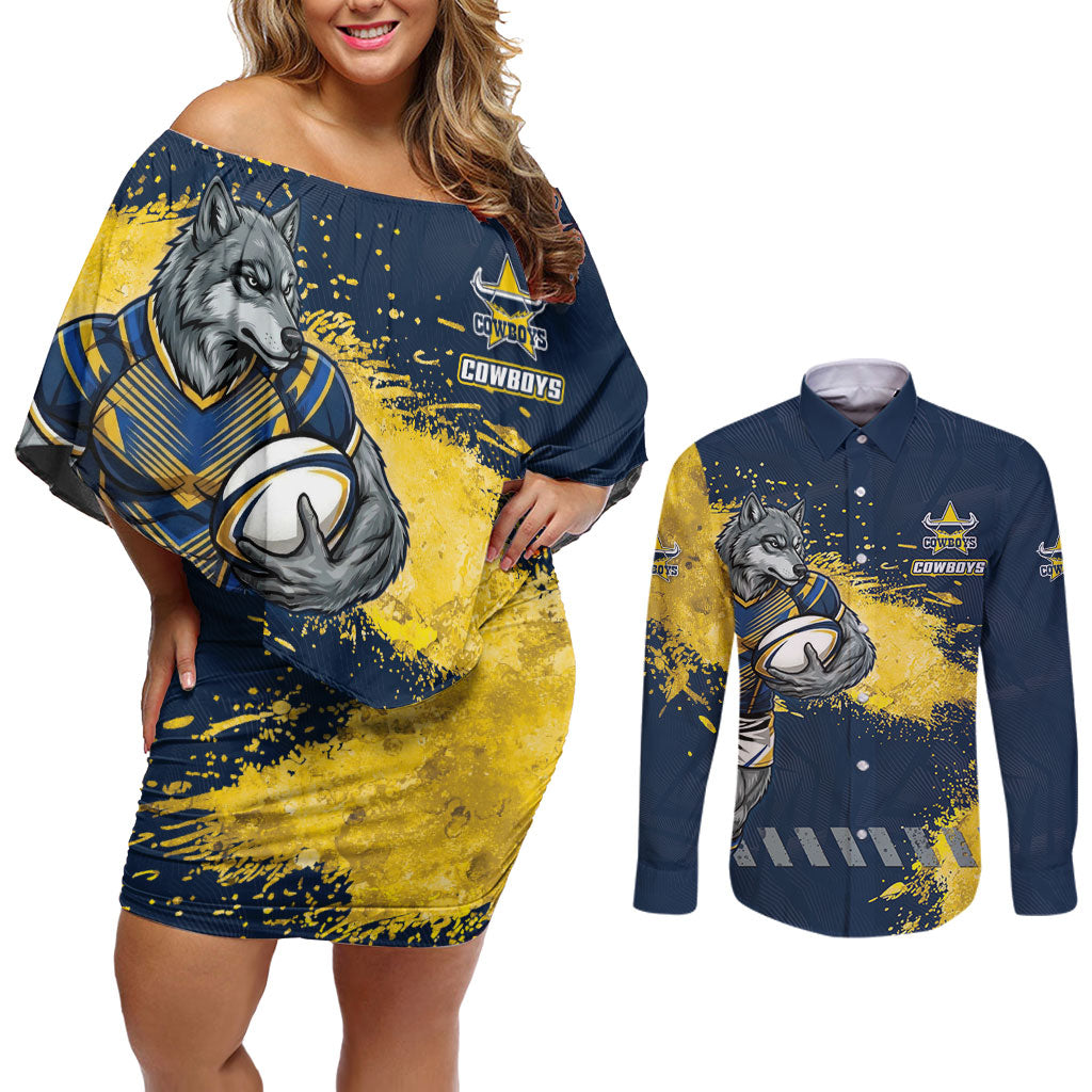 Personalised North Queensland Cowboys Rugby Couples Matching Off Shoulder Short Dress and Long Sleeve Button Shirt Wolf Mascot - Sporty Splash Art Style