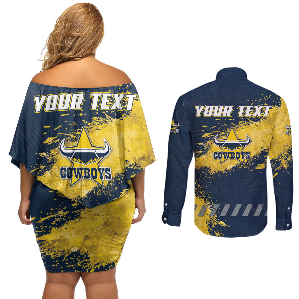 Personalised North Queensland Cowboys Rugby Couples Matching Off Shoulder Short Dress and Long Sleeve Button Shirt Wolf Mascot - Sporty Splash Art Style