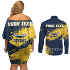 Personalised North Queensland Cowboys Rugby Couples Matching Off Shoulder Short Dress and Long Sleeve Button Shirt Wolf Mascot - Sporty Splash Art Style