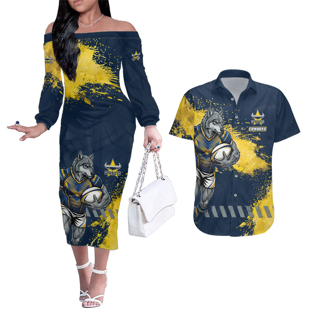 Personalised North Queensland Cowboys Rugby Couples Matching Off The Shoulder Long Sleeve Dress and Hawaiian Shirt Wolf Mascot - Sporty Splash Art Style