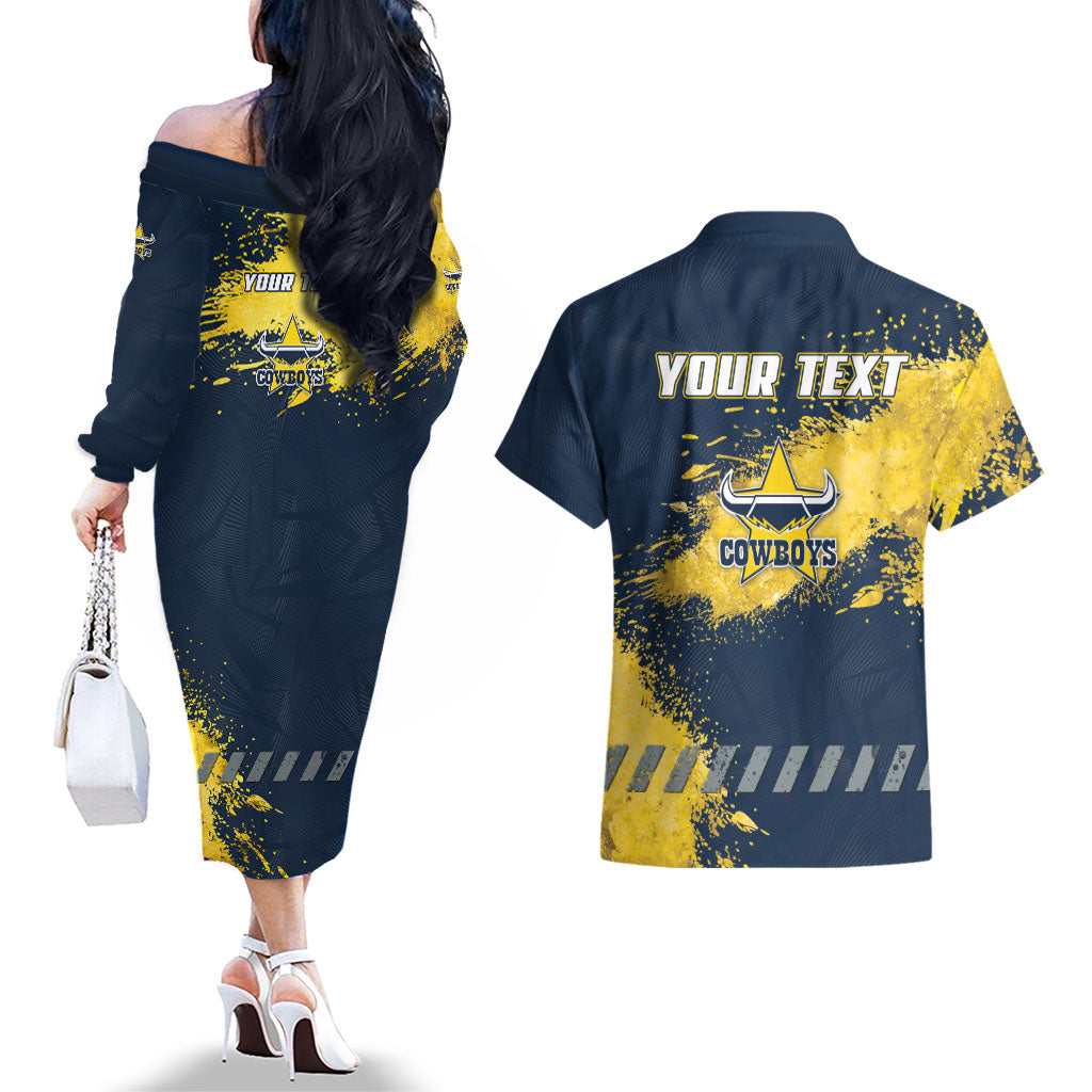 Personalised North Queensland Cowboys Rugby Couples Matching Off The Shoulder Long Sleeve Dress and Hawaiian Shirt Wolf Mascot - Sporty Splash Art Style