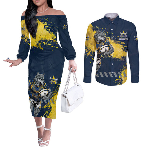 Personalised North Queensland Cowboys Rugby Couples Matching Off The Shoulder Long Sleeve Dress and Long Sleeve Button Shirt Wolf Mascot - Sporty Splash Art Style