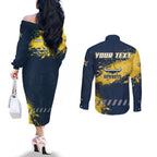 Personalised North Queensland Cowboys Rugby Couples Matching Off The Shoulder Long Sleeve Dress and Long Sleeve Button Shirt Wolf Mascot - Sporty Splash Art Style