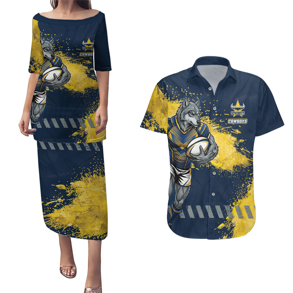 Personalised North Queensland Cowboys Rugby Couples Matching Puletasi and Hawaiian Shirt Wolf Mascot - Sporty Splash Art Style