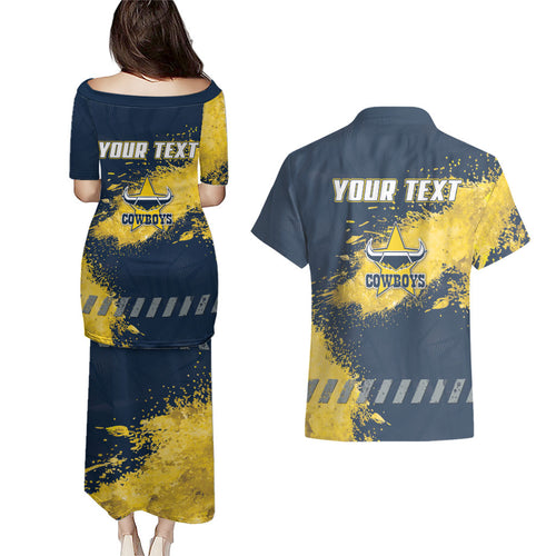 Personalised North Queensland Cowboys Rugby Couples Matching Puletasi and Hawaiian Shirt Wolf Mascot - Sporty Splash Art Style