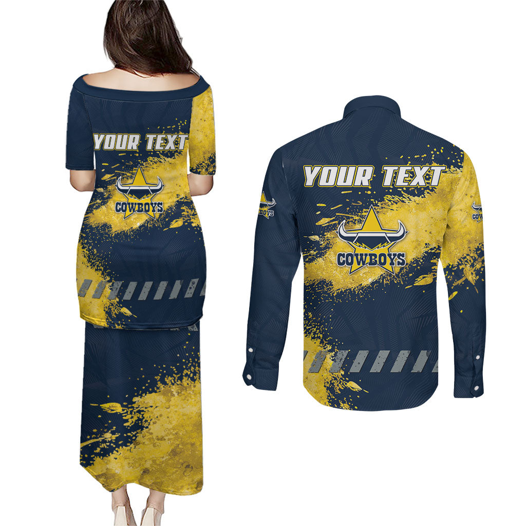 Personalised North Queensland Cowboys Rugby Couples Matching Puletasi and Long Sleeve Button Shirt Wolf Mascot - Sporty Splash Art Style