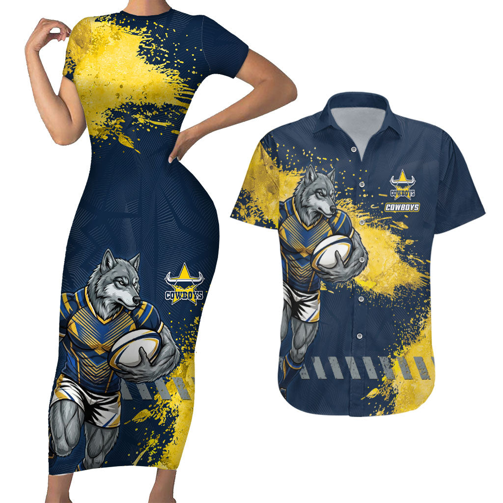 Personalised North Queensland Cowboys Rugby Couples Matching Short Sleeve Bodycon Dress and Hawaiian Shirt Wolf Mascot - Sporty Splash Art Style