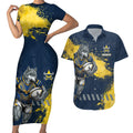 Personalised North Queensland Cowboys Rugby Couples Matching Short Sleeve Bodycon Dress and Hawaiian Shirt Wolf Mascot - Sporty Splash Art Style