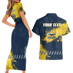 Personalised North Queensland Cowboys Rugby Couples Matching Short Sleeve Bodycon Dress and Hawaiian Shirt Wolf Mascot - Sporty Splash Art Style