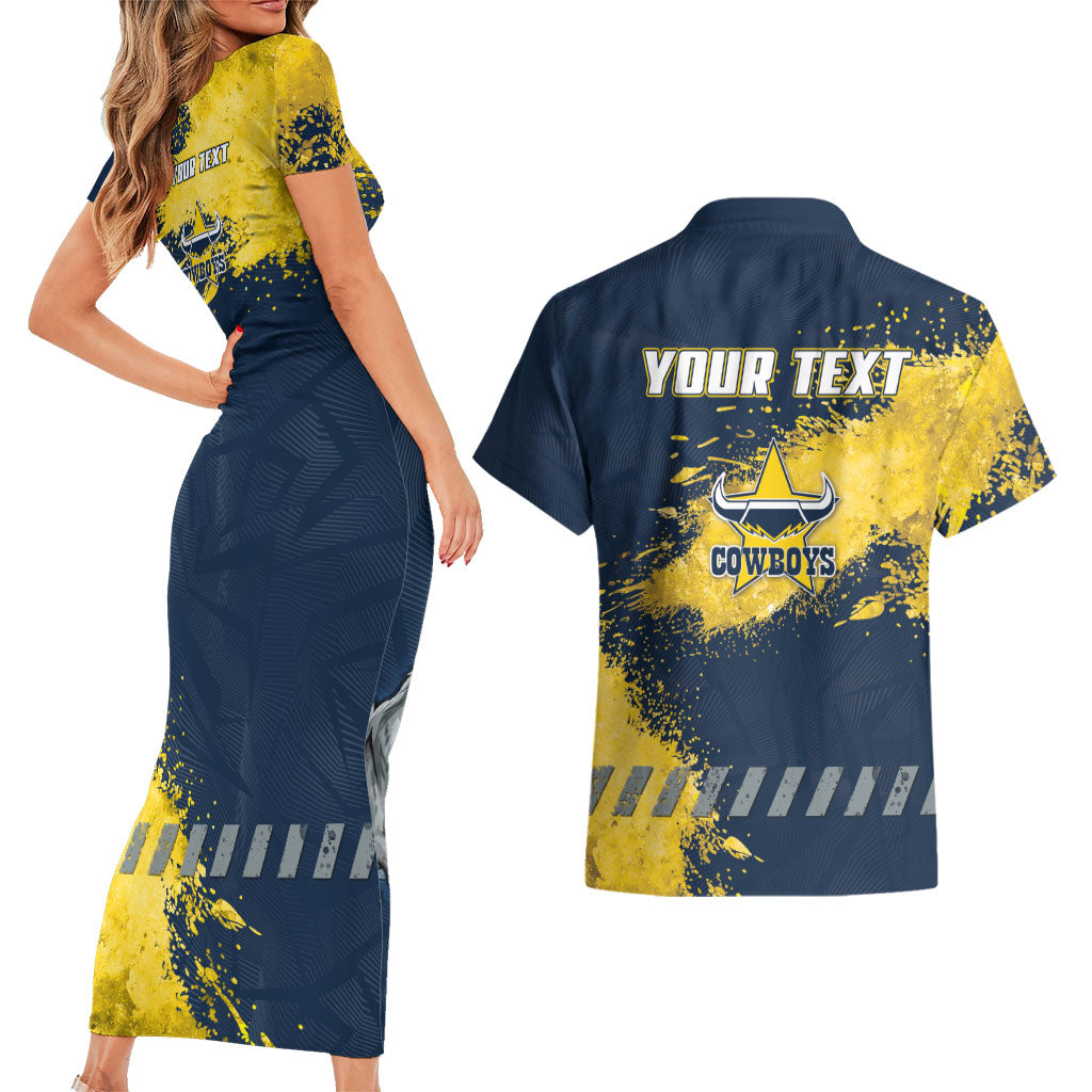 Personalised North Queensland Cowboys Rugby Couples Matching Short Sleeve Bodycon Dress and Hawaiian Shirt Wolf Mascot - Sporty Splash Art Style