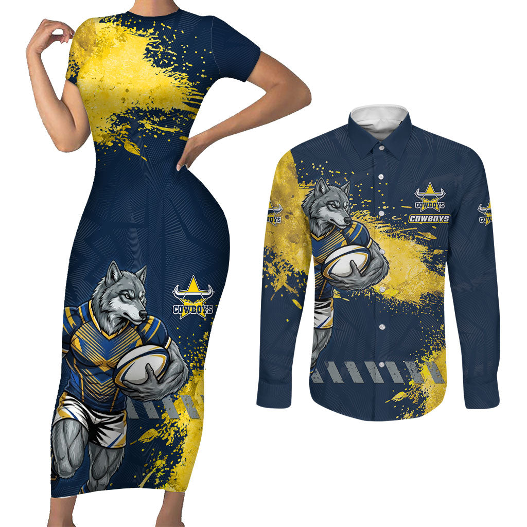 Personalised North Queensland Cowboys Rugby Couples Matching Short Sleeve Bodycon Dress and Long Sleeve Button Shirt Wolf Mascot - Sporty Splash Art Style