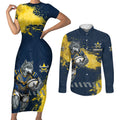 Personalised North Queensland Cowboys Rugby Couples Matching Short Sleeve Bodycon Dress and Long Sleeve Button Shirt Wolf Mascot - Sporty Splash Art Style
