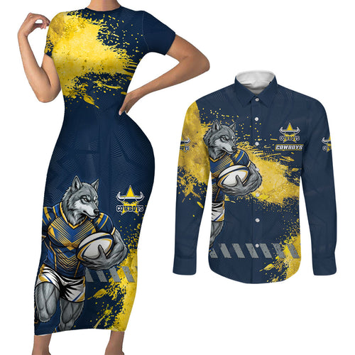 Personalised North Queensland Cowboys Rugby Couples Matching Short Sleeve Bodycon Dress and Long Sleeve Button Shirt Wolf Mascot - Sporty Splash Art Style