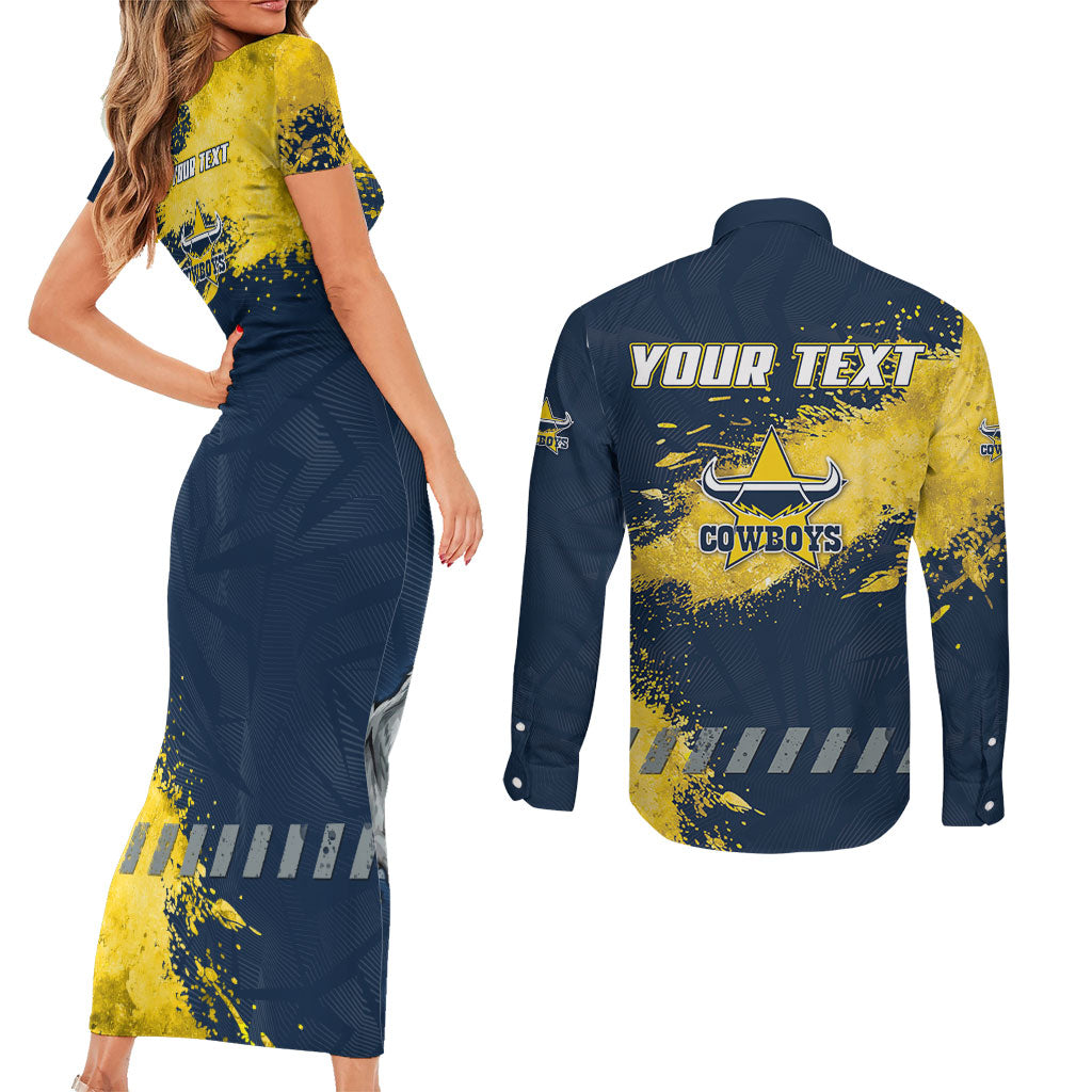 Personalised North Queensland Cowboys Rugby Couples Matching Short Sleeve Bodycon Dress and Long Sleeve Button Shirt Wolf Mascot - Sporty Splash Art Style