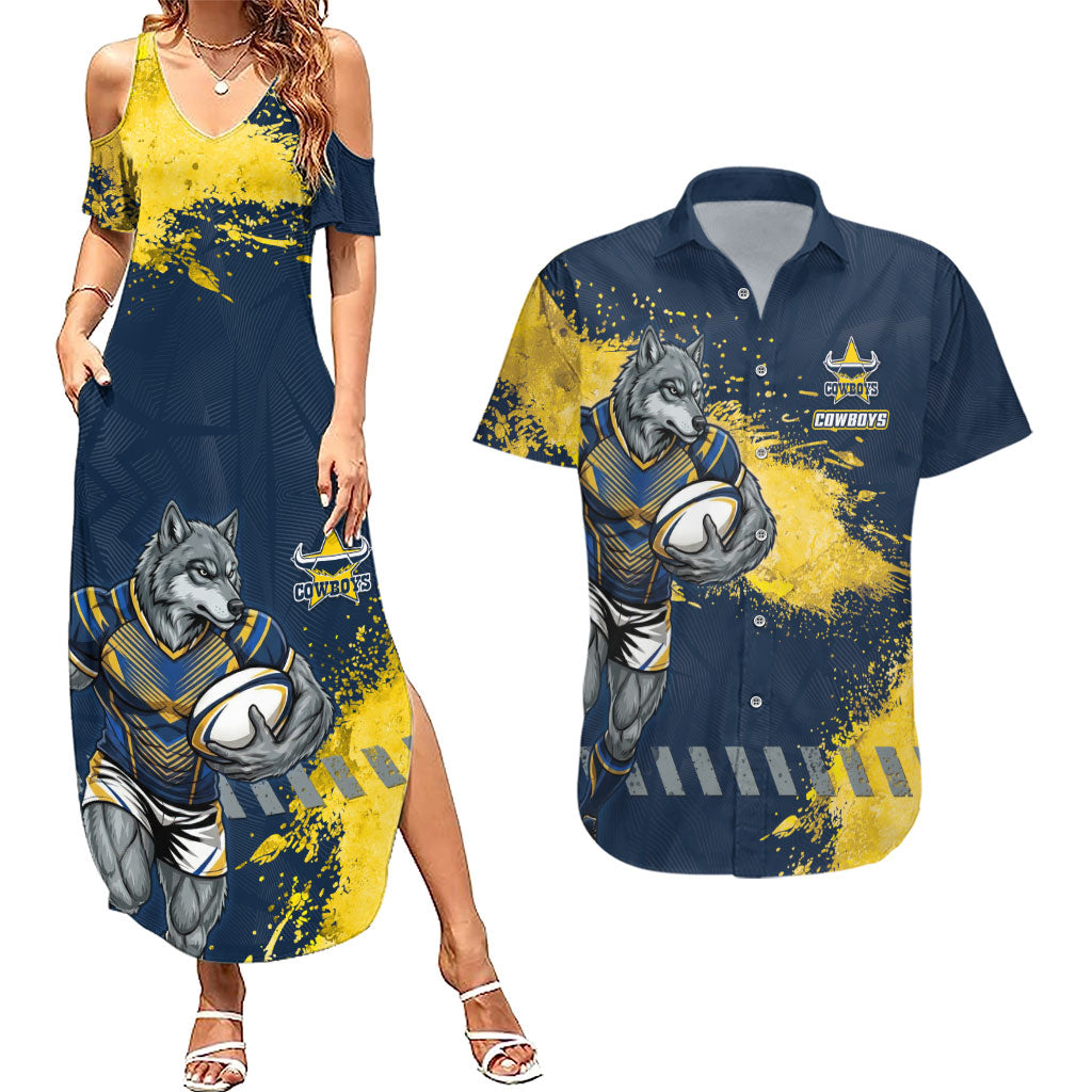 Personalised North Queensland Cowboys Rugby Couples Matching Summer Maxi Dress and Hawaiian Shirt Wolf Mascot - Sporty Splash Art Style