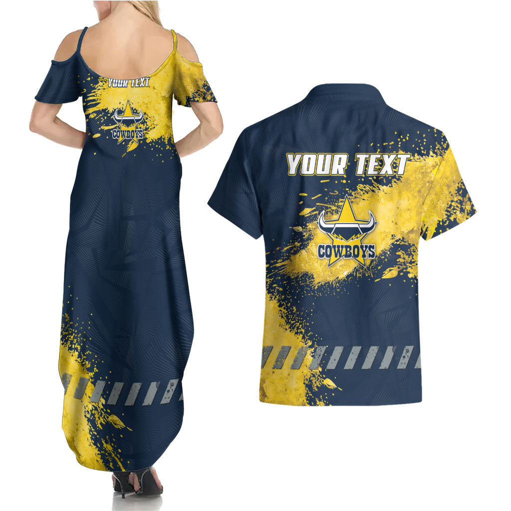 Personalised North Queensland Cowboys Rugby Couples Matching Summer Maxi Dress and Hawaiian Shirt Wolf Mascot - Sporty Splash Art Style