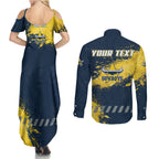 Personalised North Queensland Cowboys Rugby Couples Matching Summer Maxi Dress and Long Sleeve Button Shirt Wolf Mascot - Sporty Splash Art Style