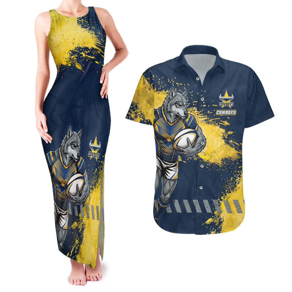 Personalised North Queensland Cowboys Rugby Couples Matching Tank Maxi Dress and Hawaiian Shirt Wolf Mascot - Sporty Splash Art Style
