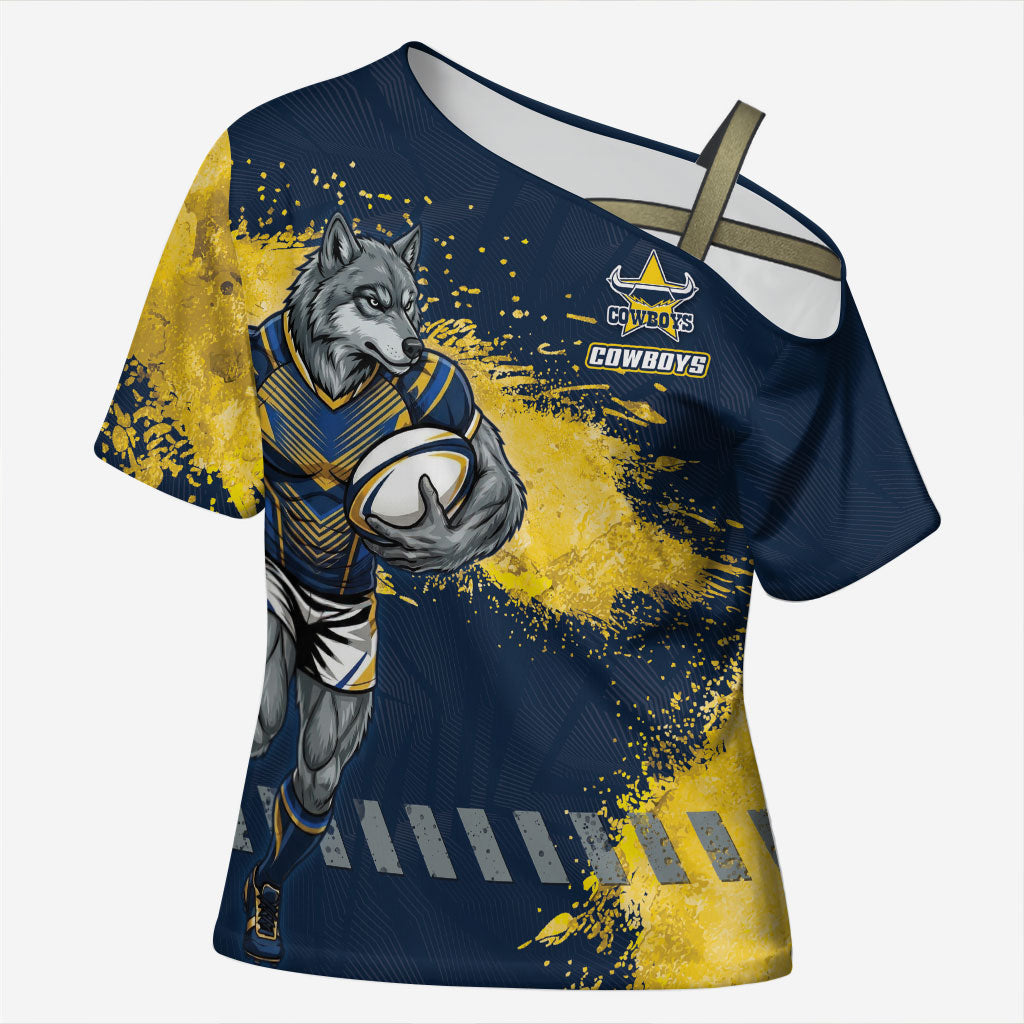 Personalised North Queensland Cowboys Rugby Cross Shoulder Shirt Wolf Mascot - Sporty Splash Art Style