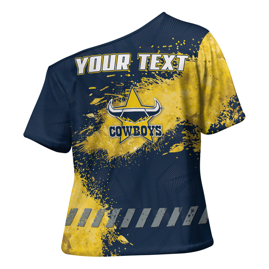 Personalised North Queensland Cowboys Rugby Cross Shoulder Shirt Wolf Mascot - Sporty Splash Art Style