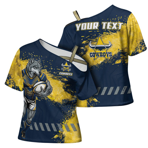 Personalised North Queensland Cowboys Rugby Cross Shoulder Shirt Wolf Mascot - Sporty Splash Art Style