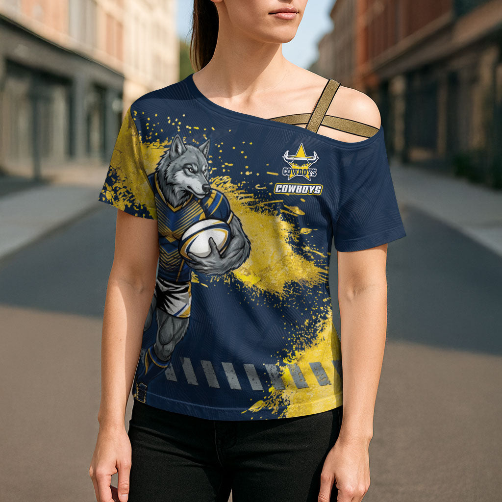 Personalised North Queensland Cowboys Rugby Cross Shoulder Shirt Wolf Mascot - Sporty Splash Art Style