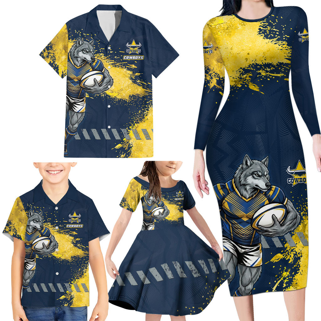 Personalised North Queensland Cowboys Rugby Family Matching Long Sleeve Bodycon Dress and Hawaiian Shirt Wolf Mascot - Sporty Splash Art Style
